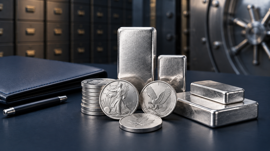 IRA-approved silver coins and bars displayed in a secure vault setting