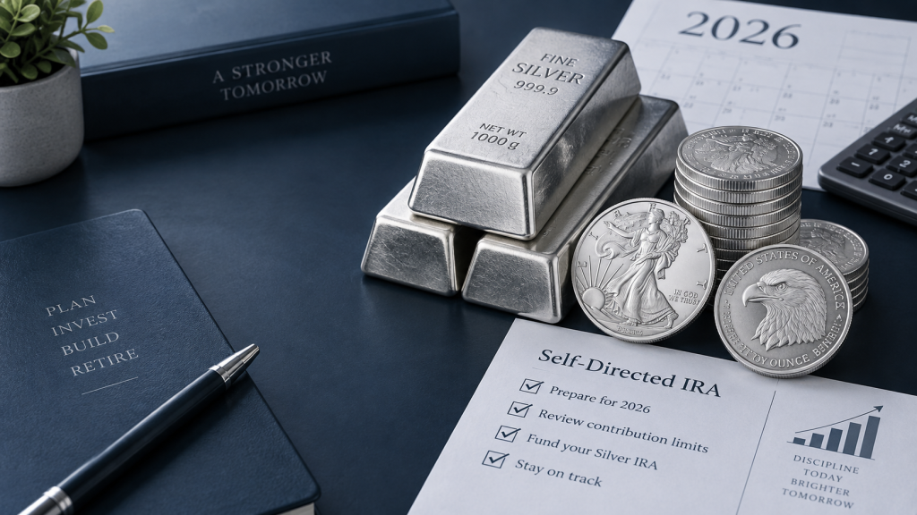 Silver bars, silver coins, a 2026 calendar, and a self-directed IRA contribution checklist