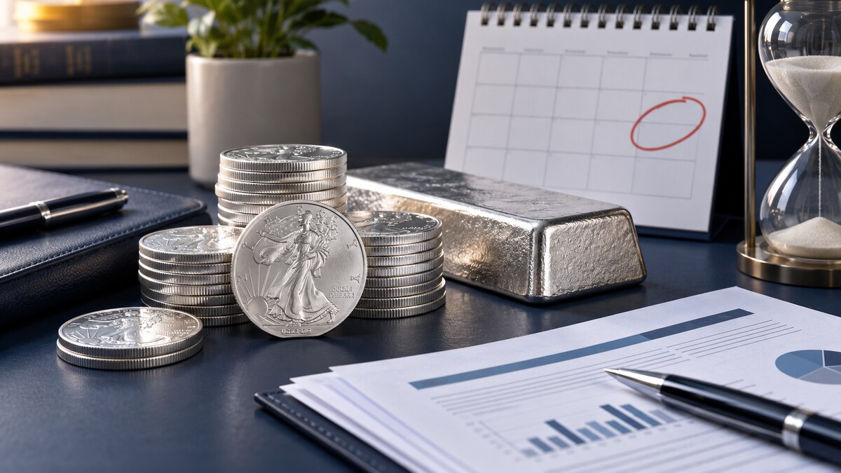 Silver bars, coins, calculator, and calendar illustrating Silver IRA required minimum distributions
